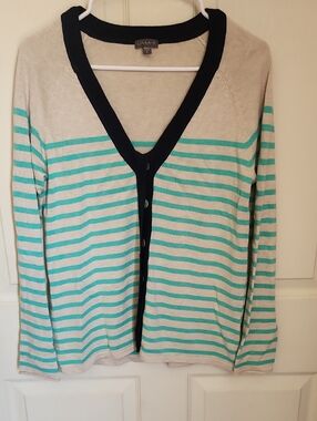 Lilla P Beige Cardigan with Teal Stripes and Black Trim